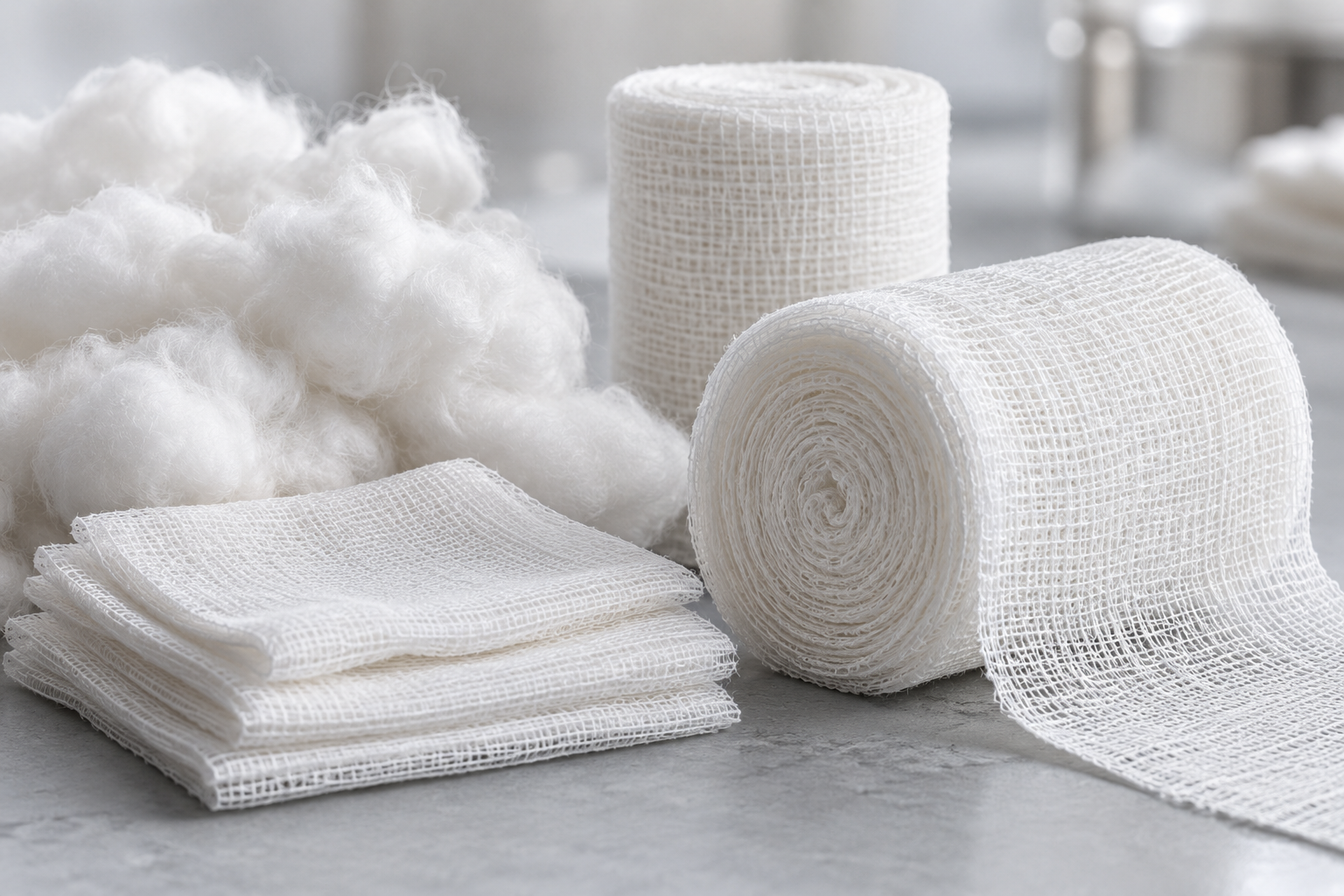 AI-generated illustrative product photograph of cotton wool, gauze and roller bandages