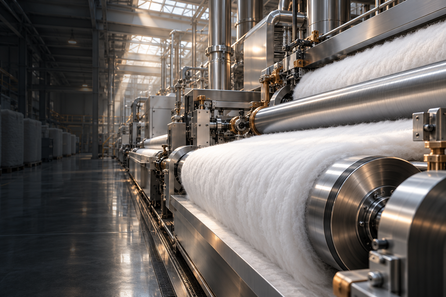 Illustrative stainless steel cotton-processing machinery with white cotton web